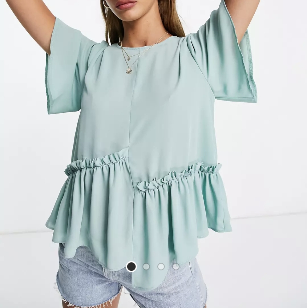 ASOS DESIGN Smock Top with Asymmetric Hem in Sage (Size: 8)